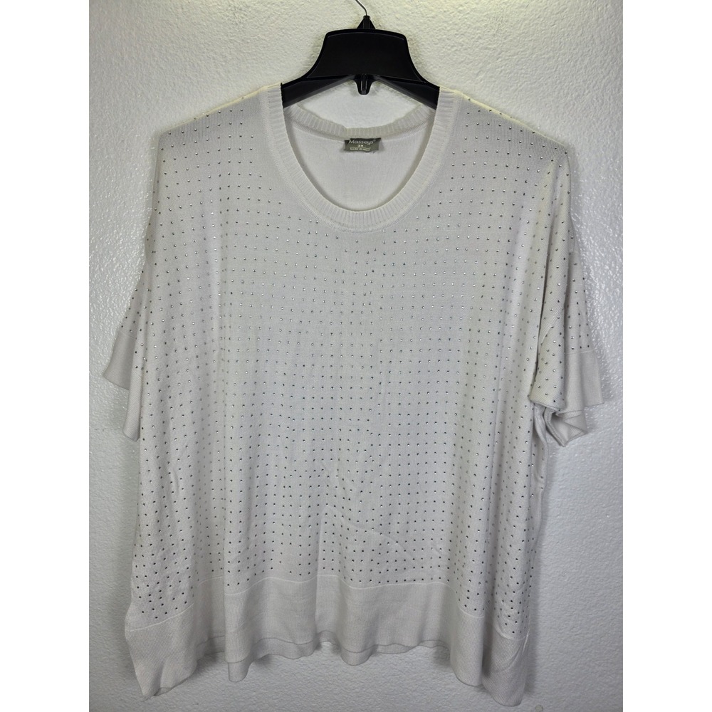 Masseys Womens 3X White Rhinestone Studded Short Sleeve Knit Sweater Top